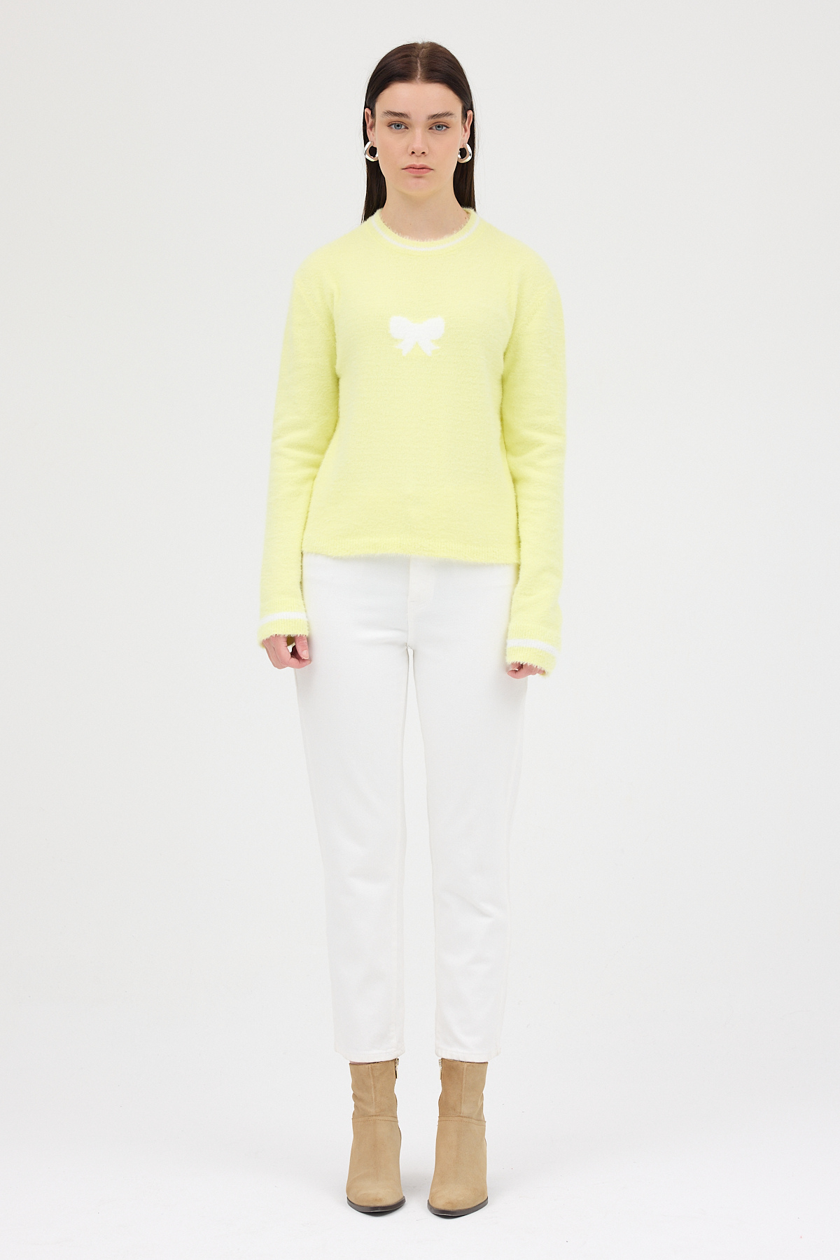 Sarı Bisiklet Yaka Kurdele Detaylı Kadın Kazak 2359 - 3