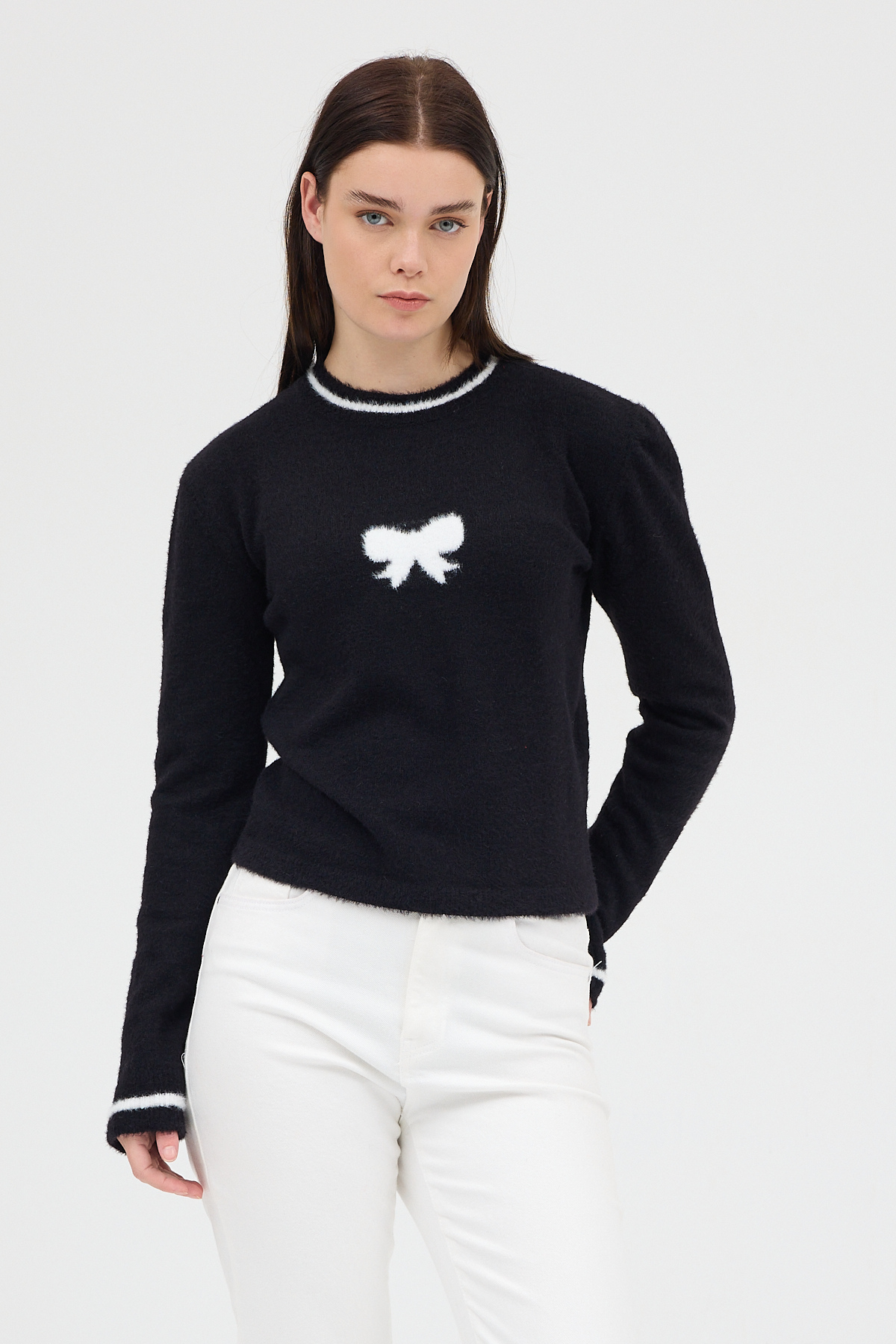 Siyah Bisiklet Yaka Kurdele Detaylı Kadın Kazak 2359 - RAYS