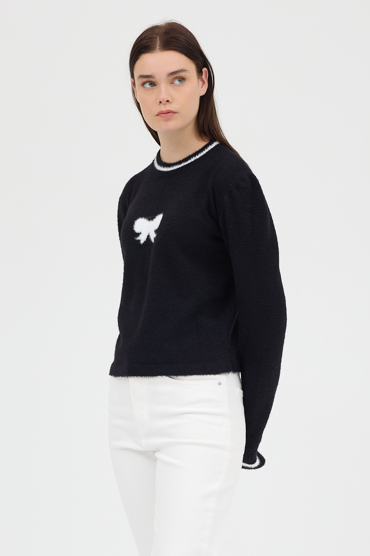 Siyah Bisiklet Yaka Kurdele Detaylı Kadın Kazak 2359 - 6