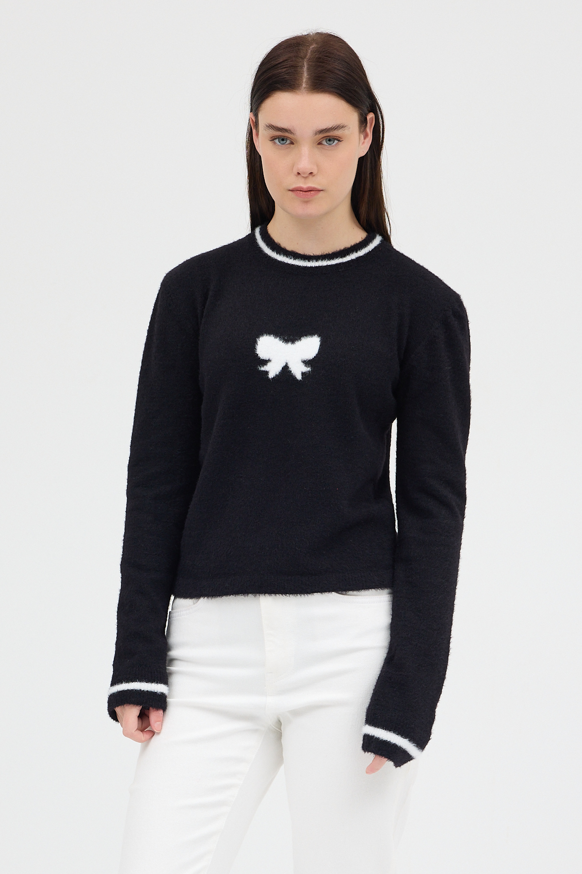 Siyah Bisiklet Yaka Kurdele Detaylı Kadın Kazak 2359 - 7