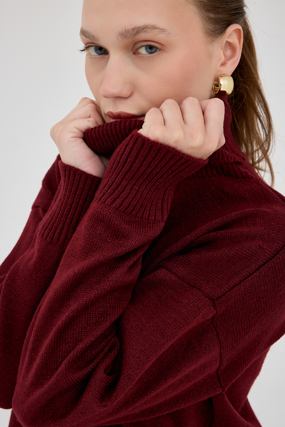 Bordo Boğazlı Triko Kazak ve Pileli Mini Etek İkili Takım 2361 - 4