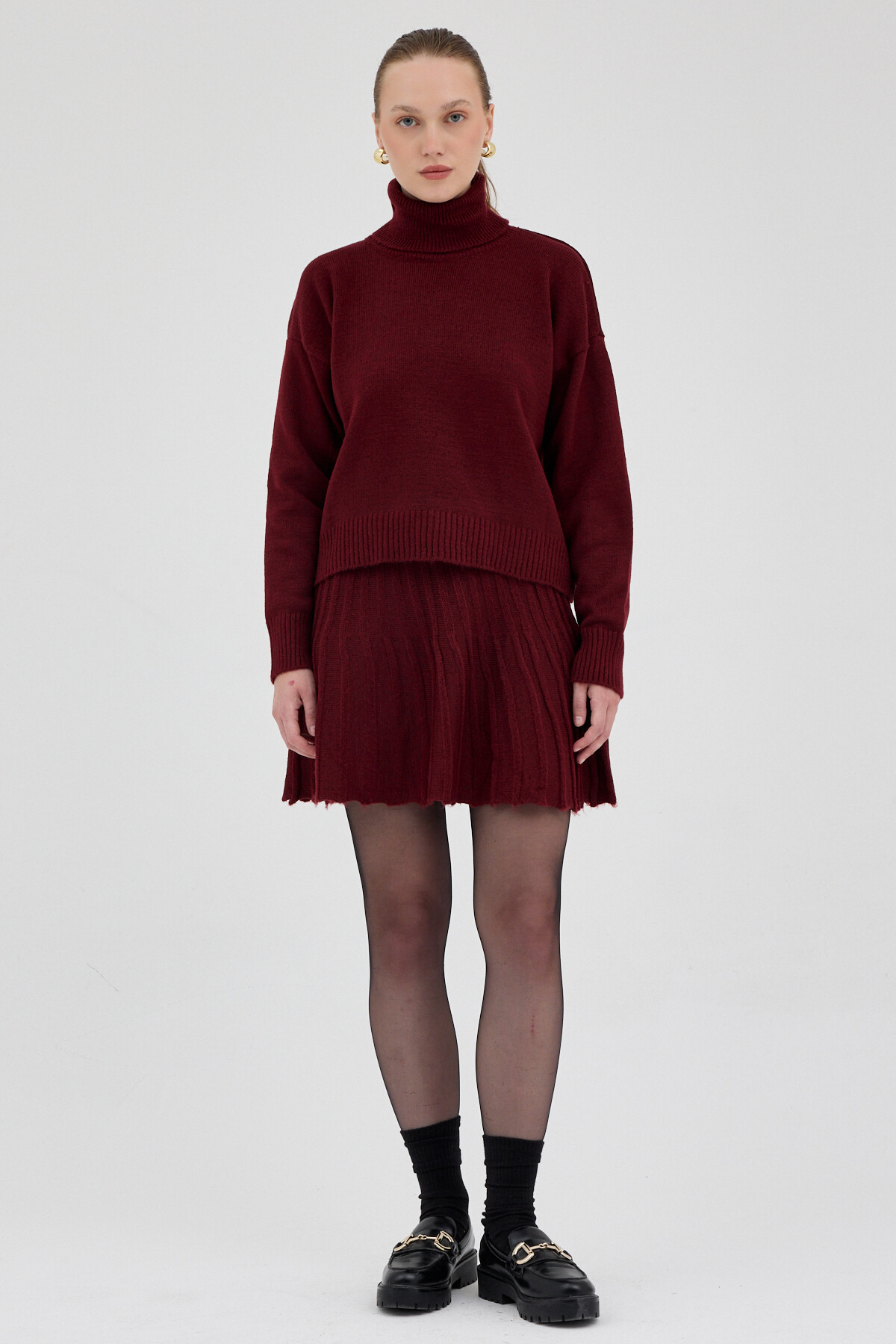 Bordo Boğazlı Triko Kazak ve Pileli Mini Etek İkili Takım 2361 - 1