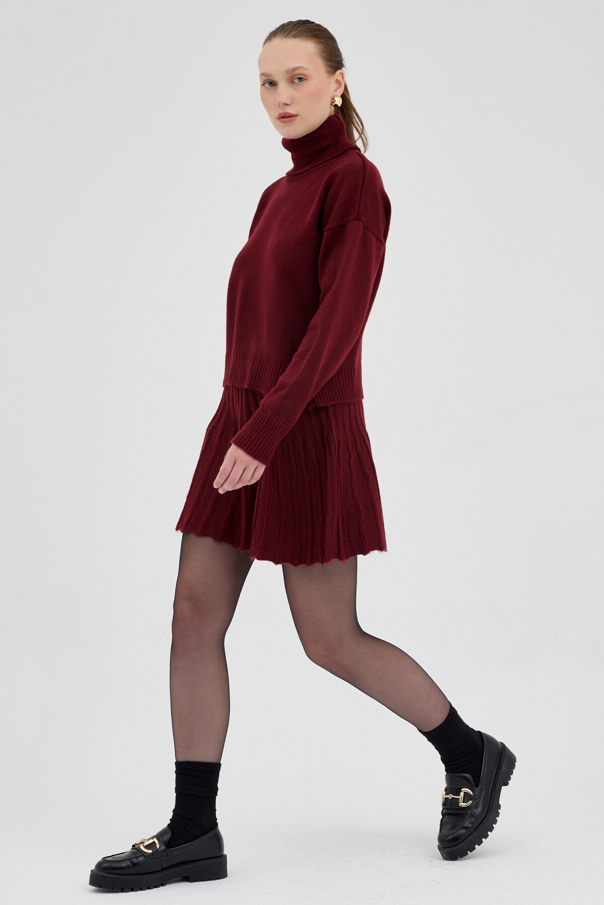 Bordo Boğazlı Triko Kazak ve Pileli Mini Etek İkili Takım 2361 - 7