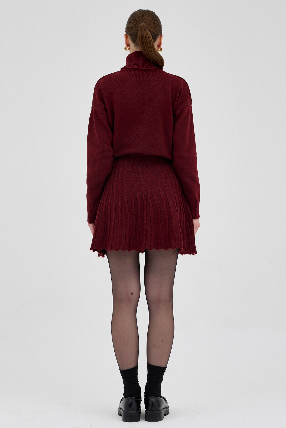 Bordo Boğazlı Triko Kazak ve Pileli Mini Etek İkili Takım 2361 - 5