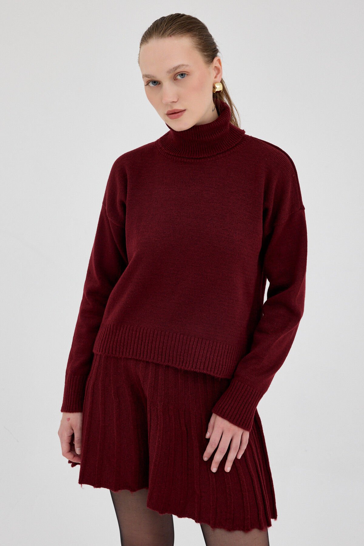 Bordo Boğazlı Triko Kazak ve Pileli Mini Etek İkili Takım 2361 - 6