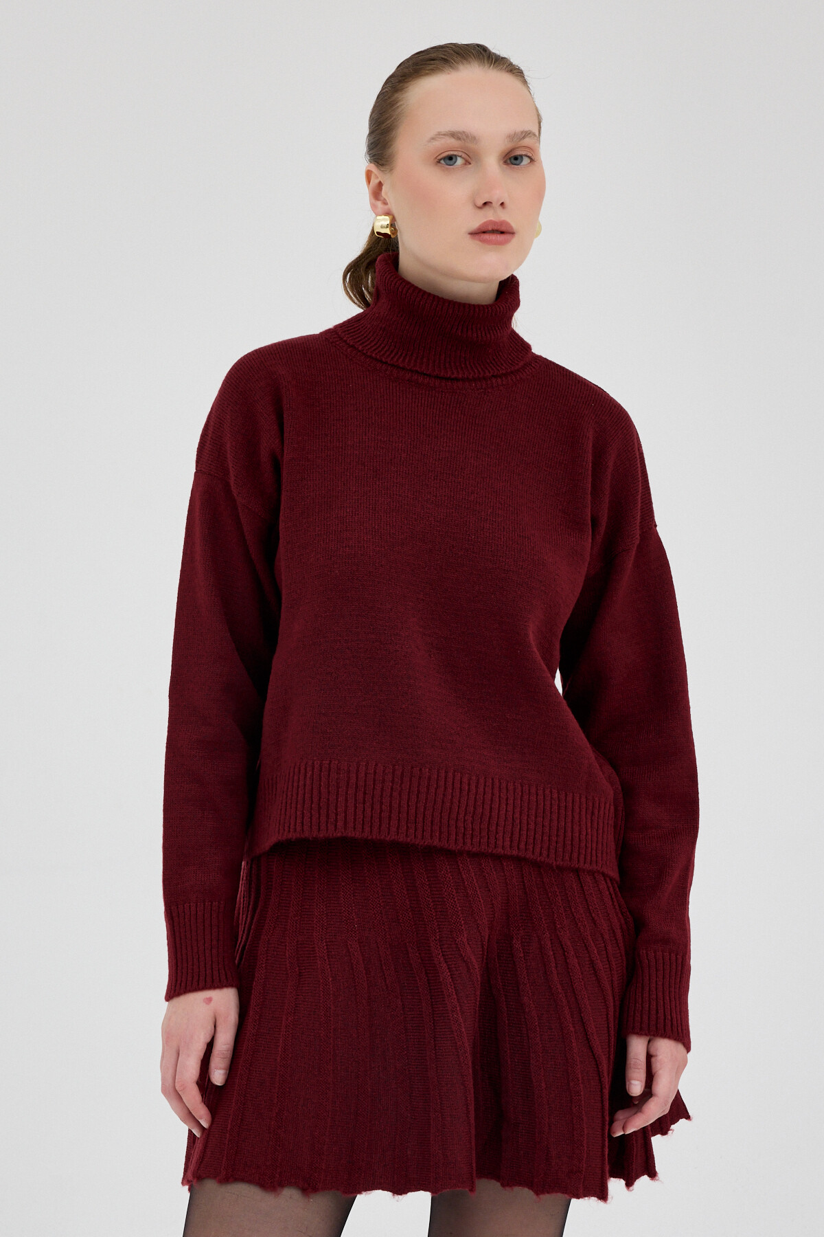 Bordo Boğazlı Triko Kazak ve Pileli Mini Etek İkili Takım 2361 - RAYS