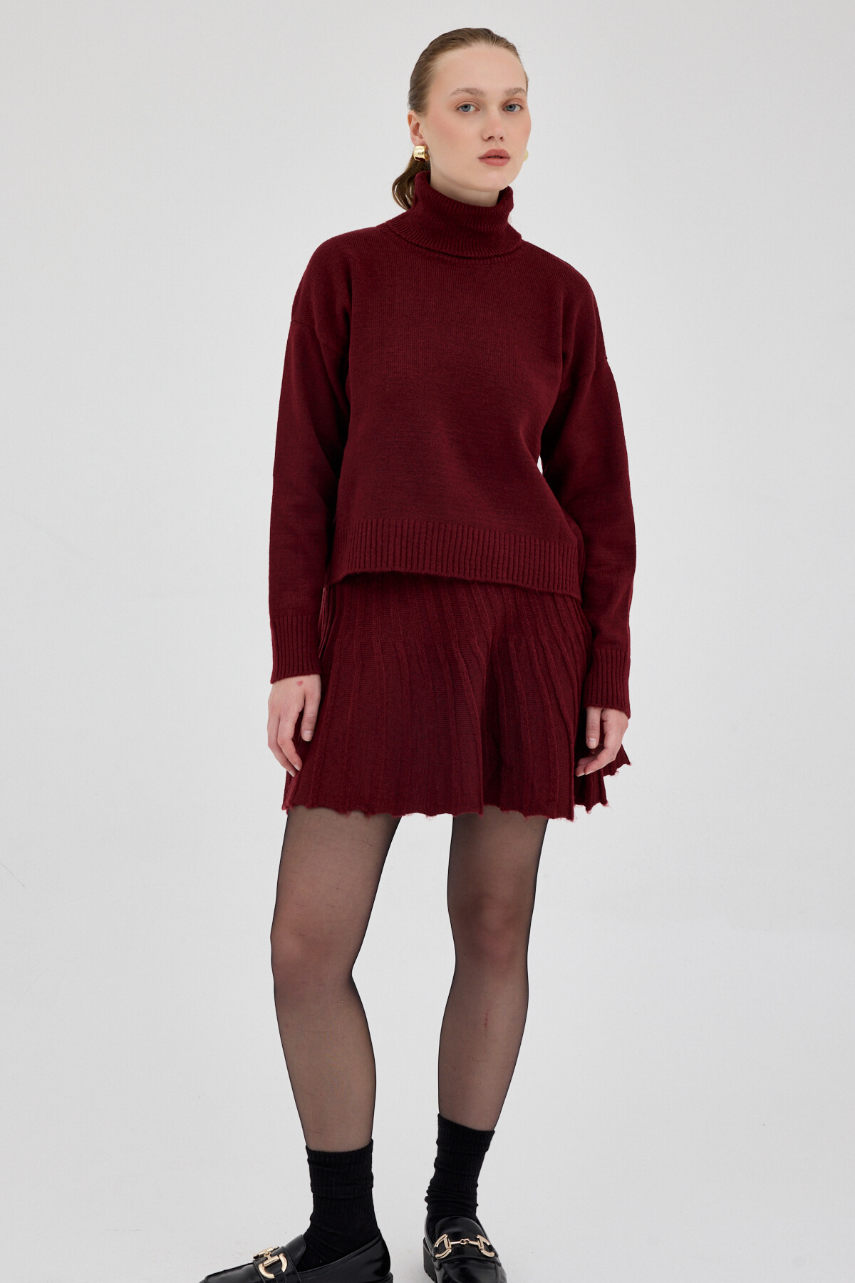 Bordo Boğazlı Triko Kazak ve Pileli Mini Etek İkili Takım 2361 - RAYS