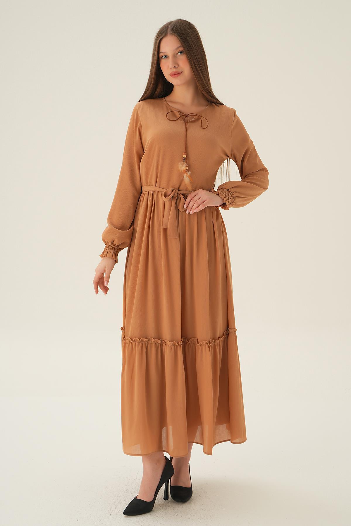 Bej Kol Lastik Uzun Elbise 2634 - 3