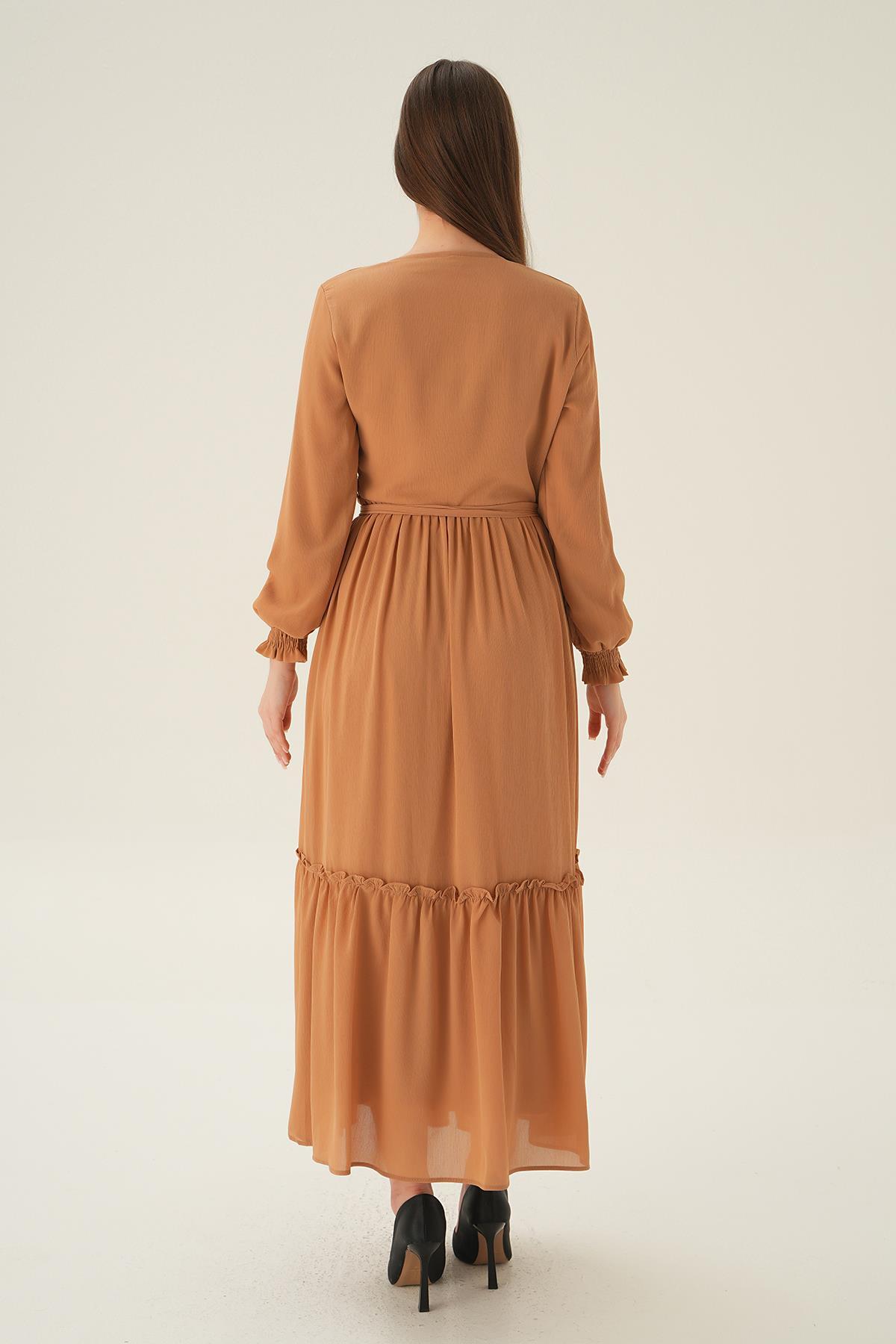 Bej Kol Lastik Uzun Elbise 2634 - 4