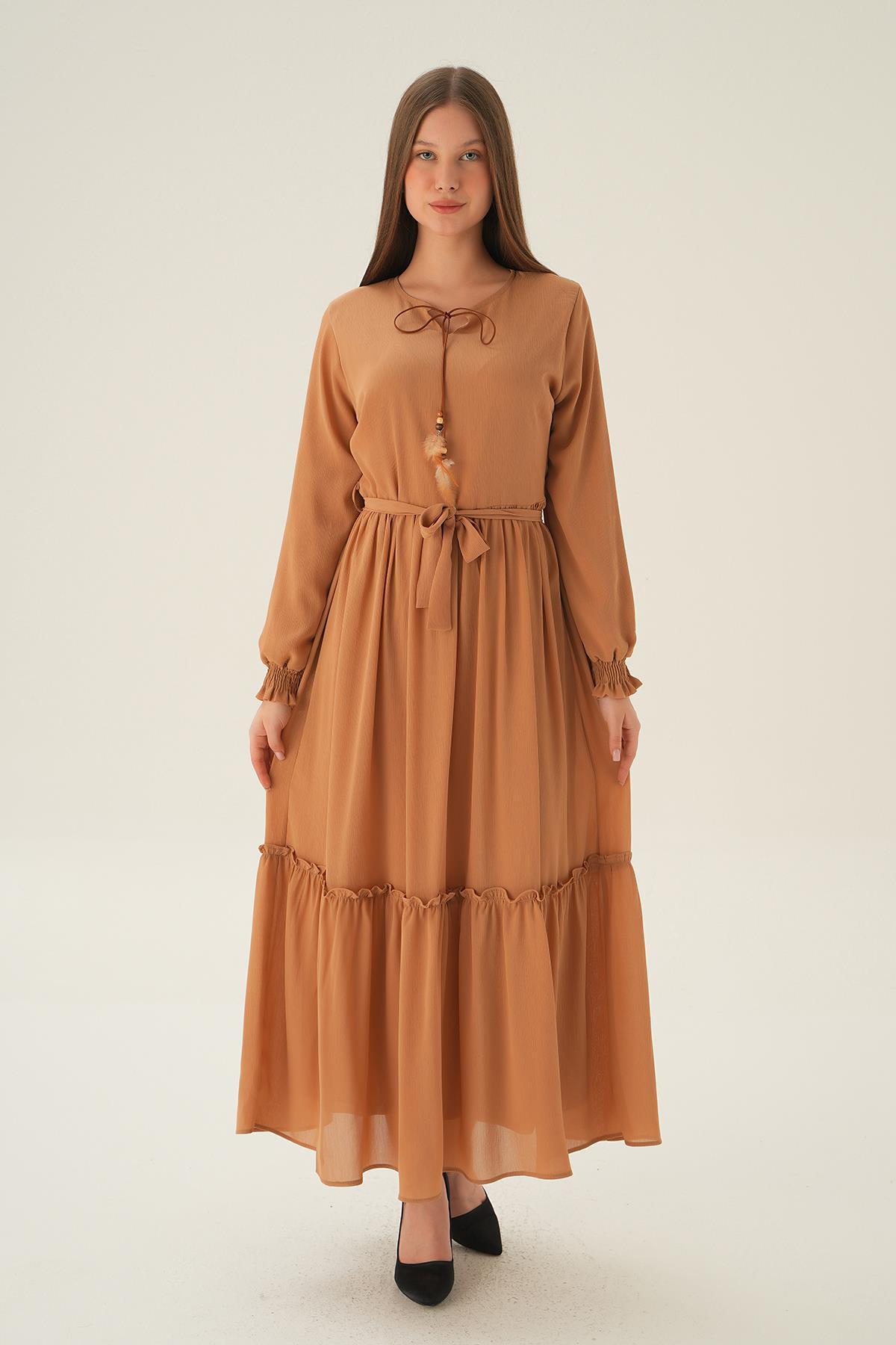 Bej Kol Lastik Uzun Elbise 2634 - 6