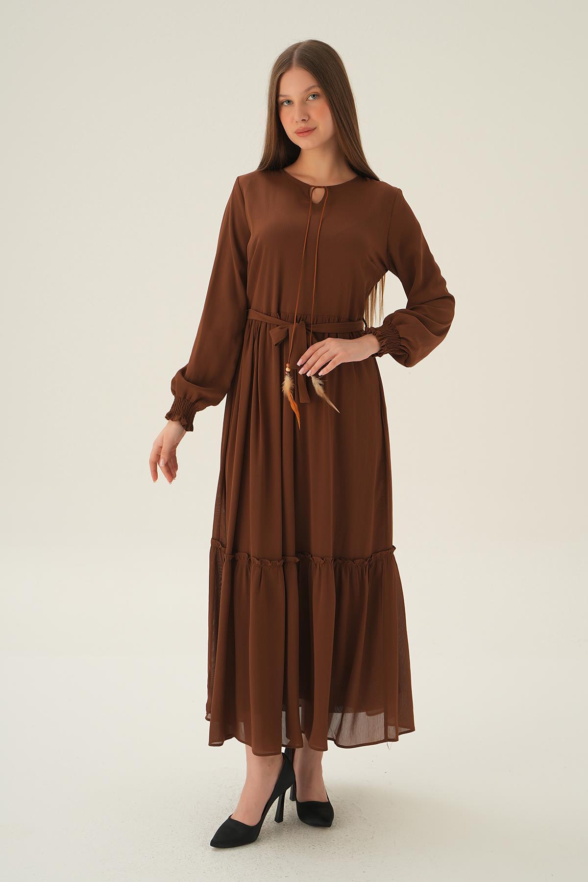 2634 Kol Lastik Uzun Elbise Kahve - 3