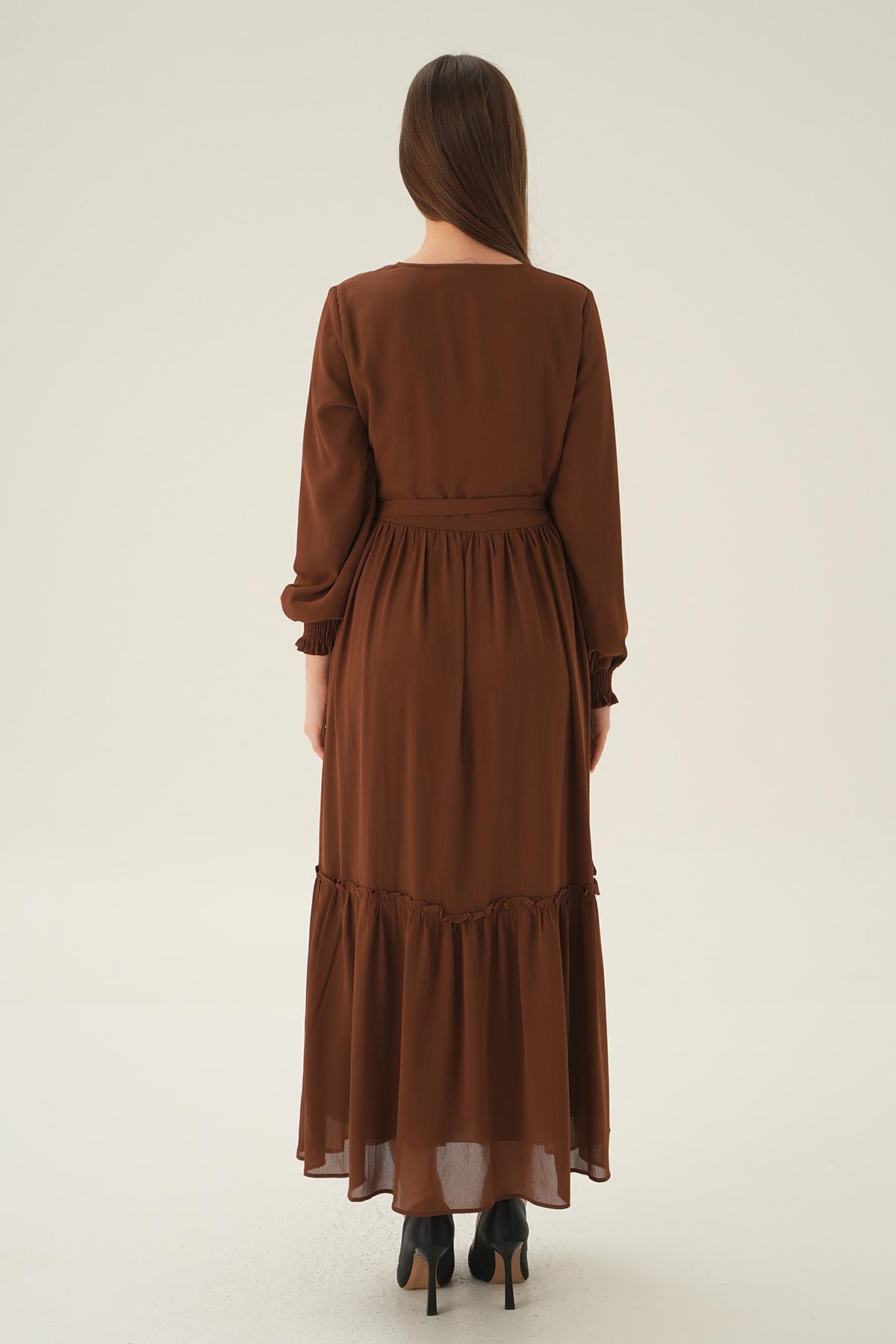 2634 Kol Lastik Uzun Elbise Kahve - 4