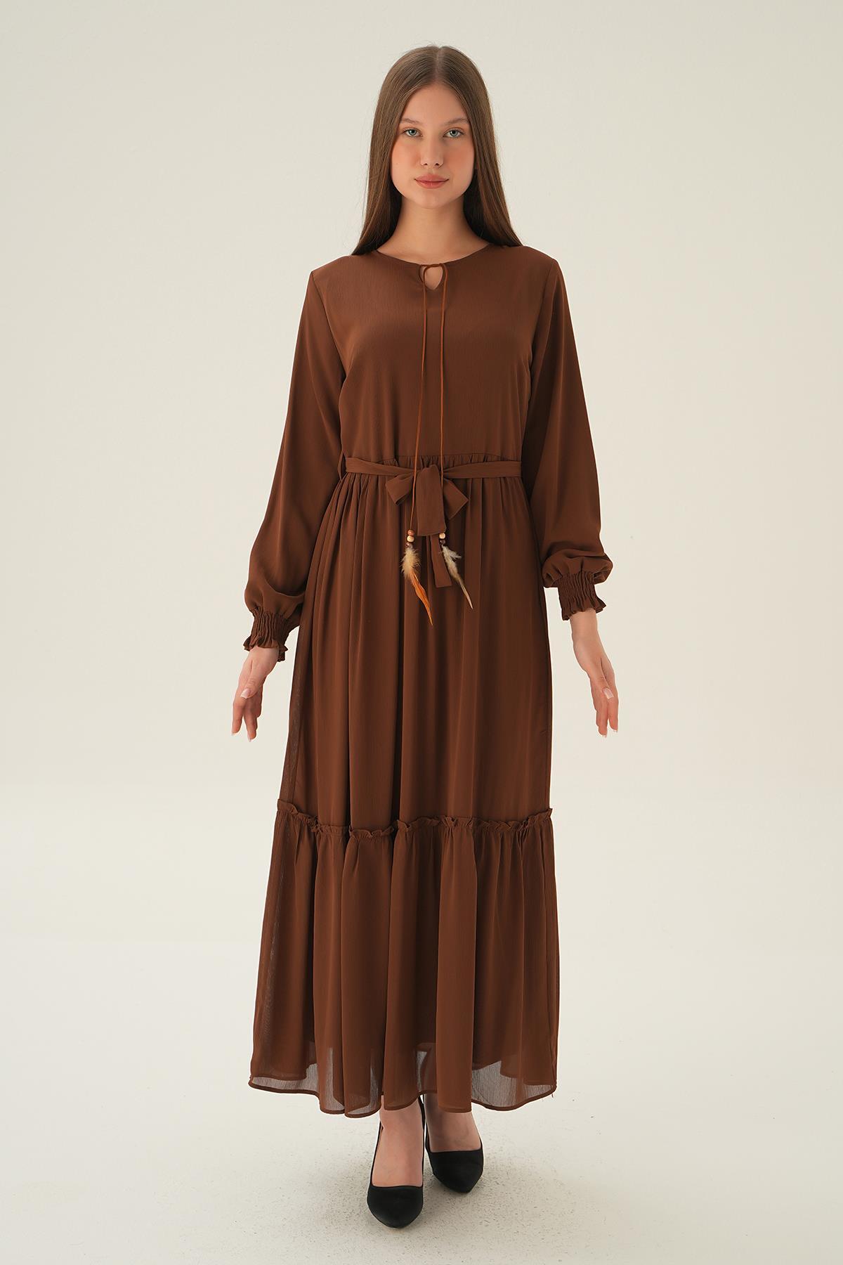 2634 Kol Lastik Uzun Elbise Kahve - 6