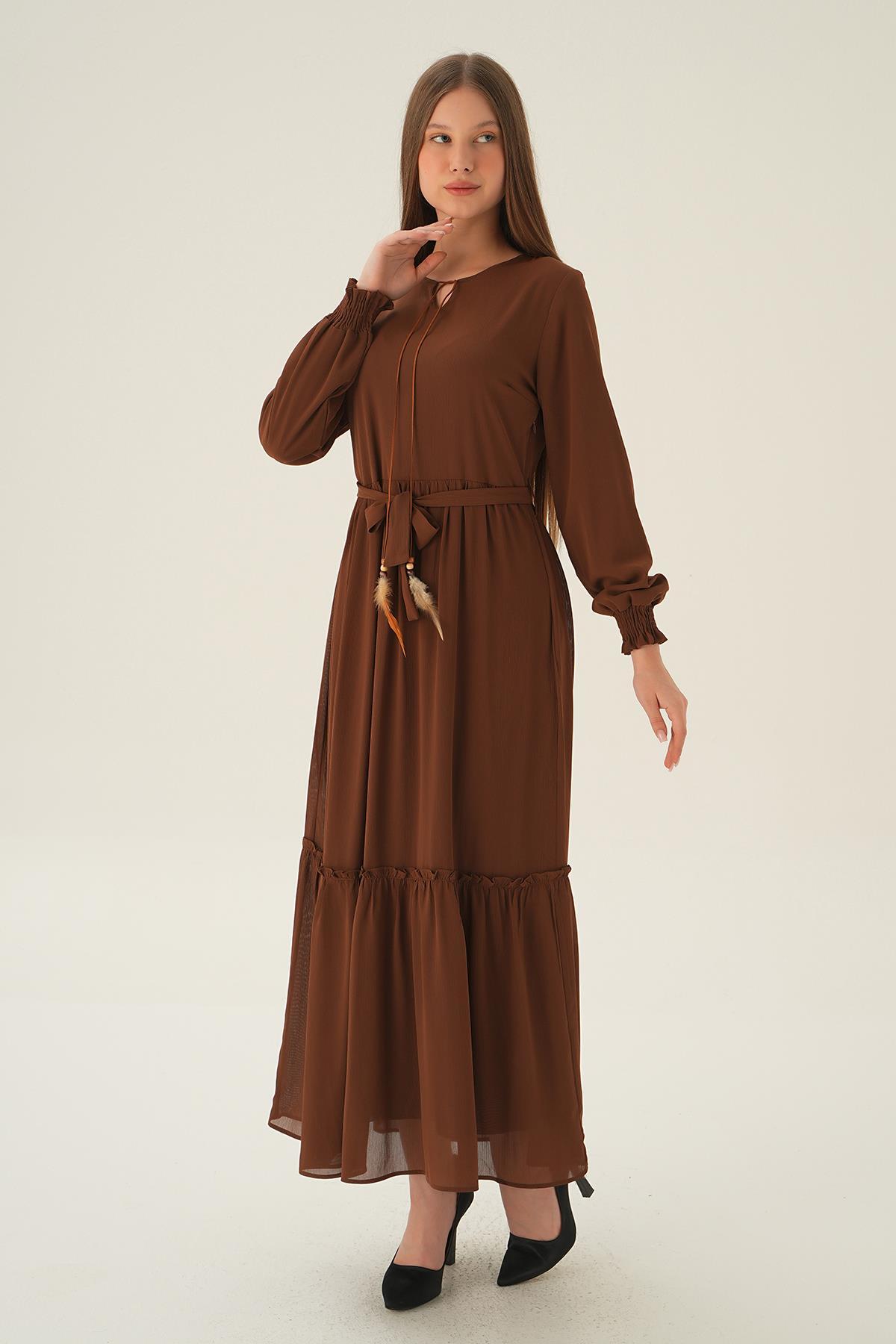 Kahve Kol Lastik Uzun Elbise 2634 