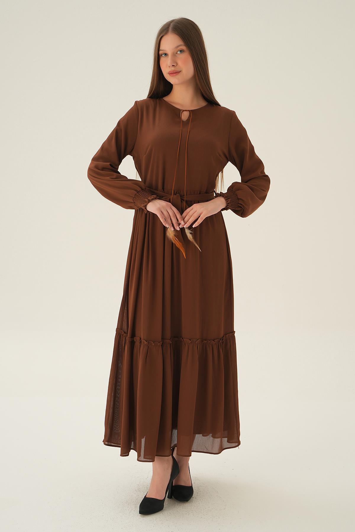 Kahve Kol Lastik Uzun Elbise 2634 - 2