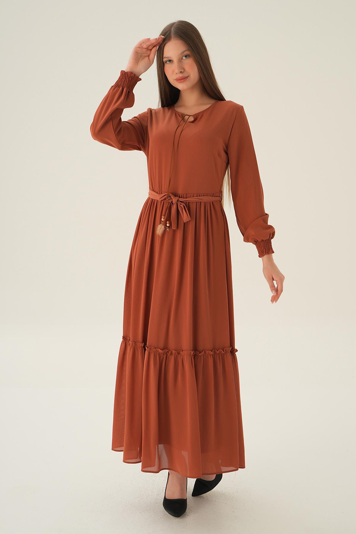 2634 Kol Lastik Uzun Elbise Kiremit 