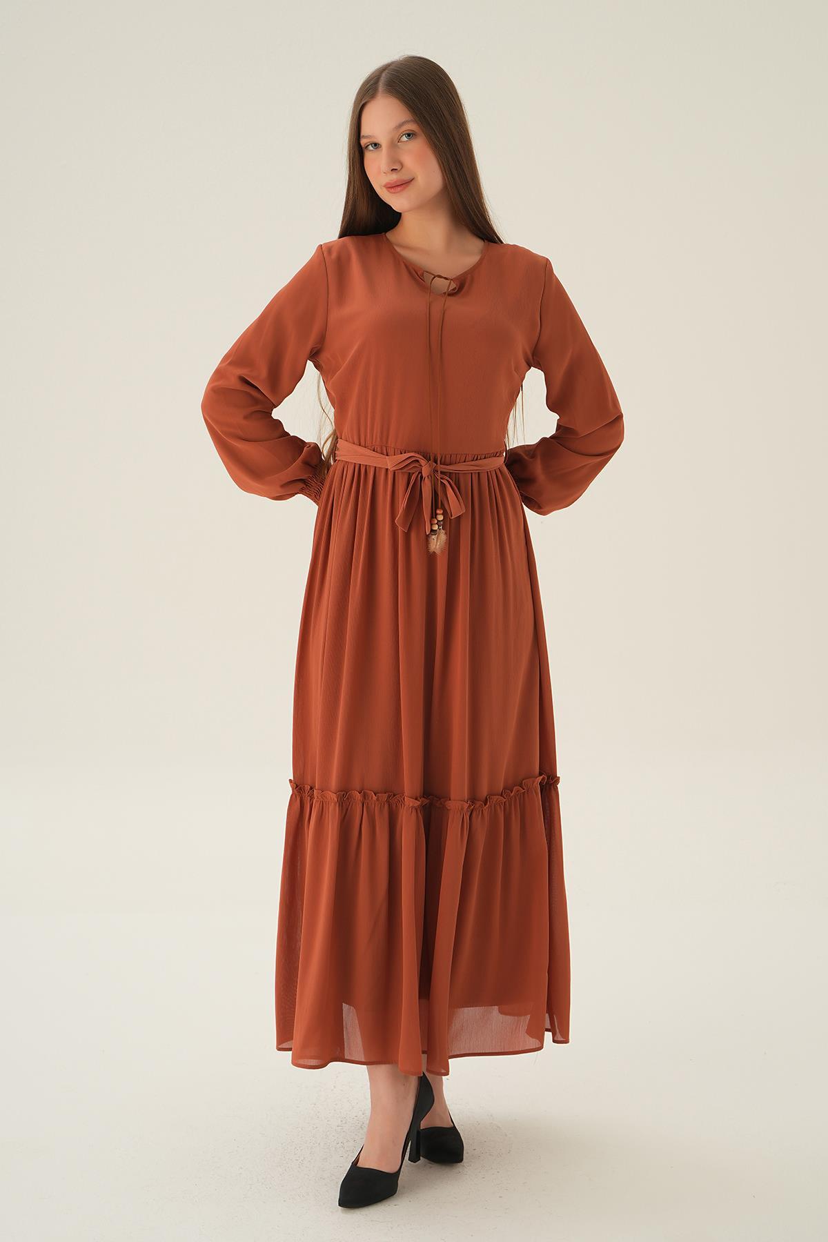 2634 Kol Lastik Uzun Elbise Kiremit - 3