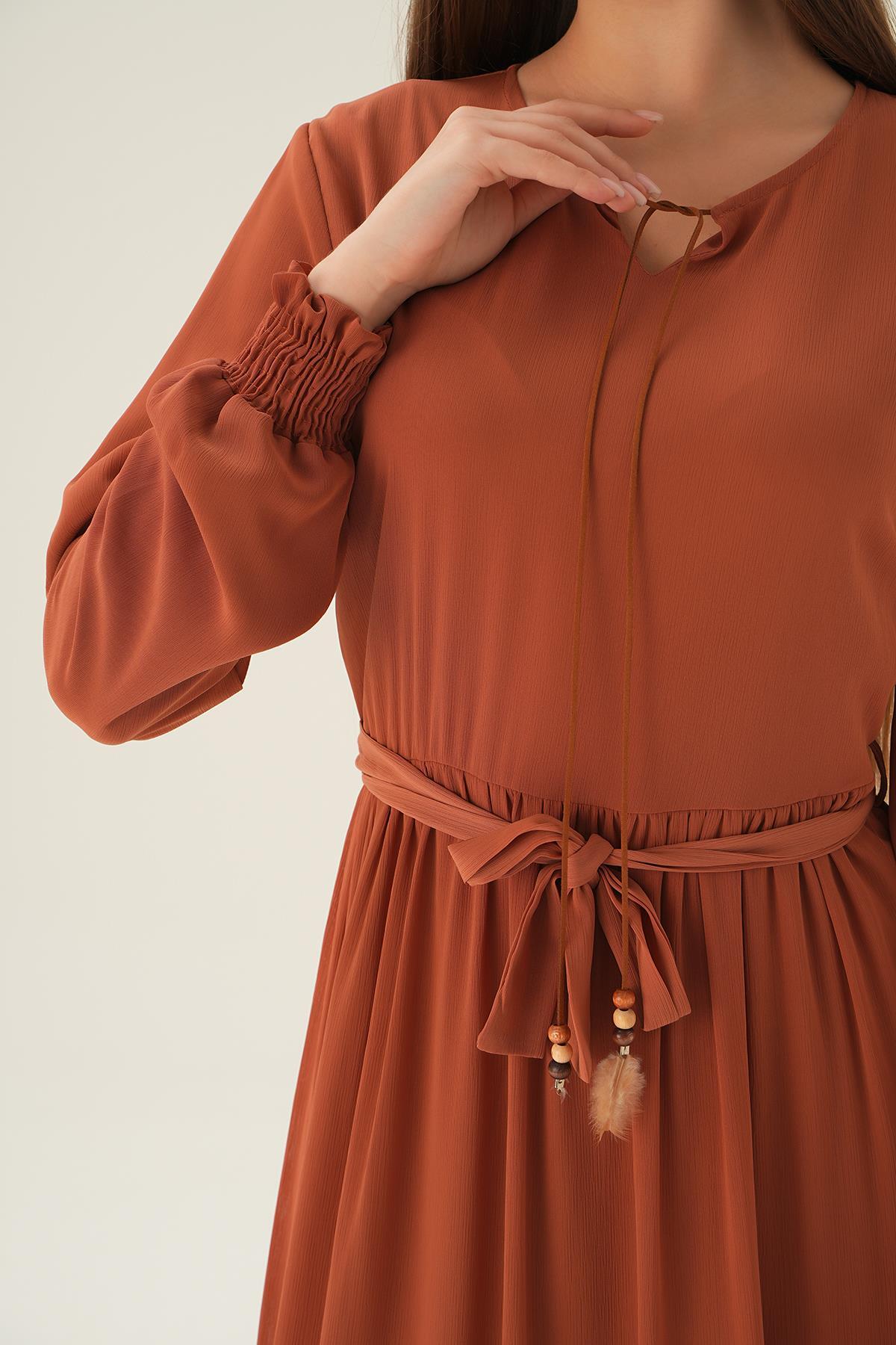 2634 Kol Lastik Uzun Elbise Kiremit - 5