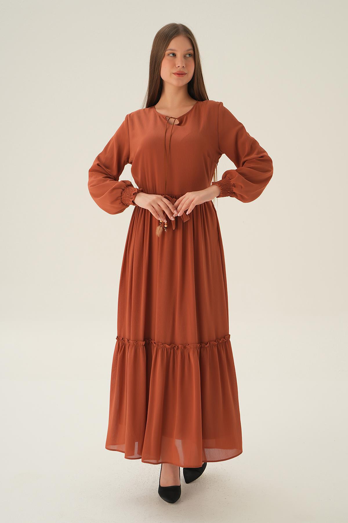 Kiremit Kol Lastik Uzun Elbise 2634 - 2