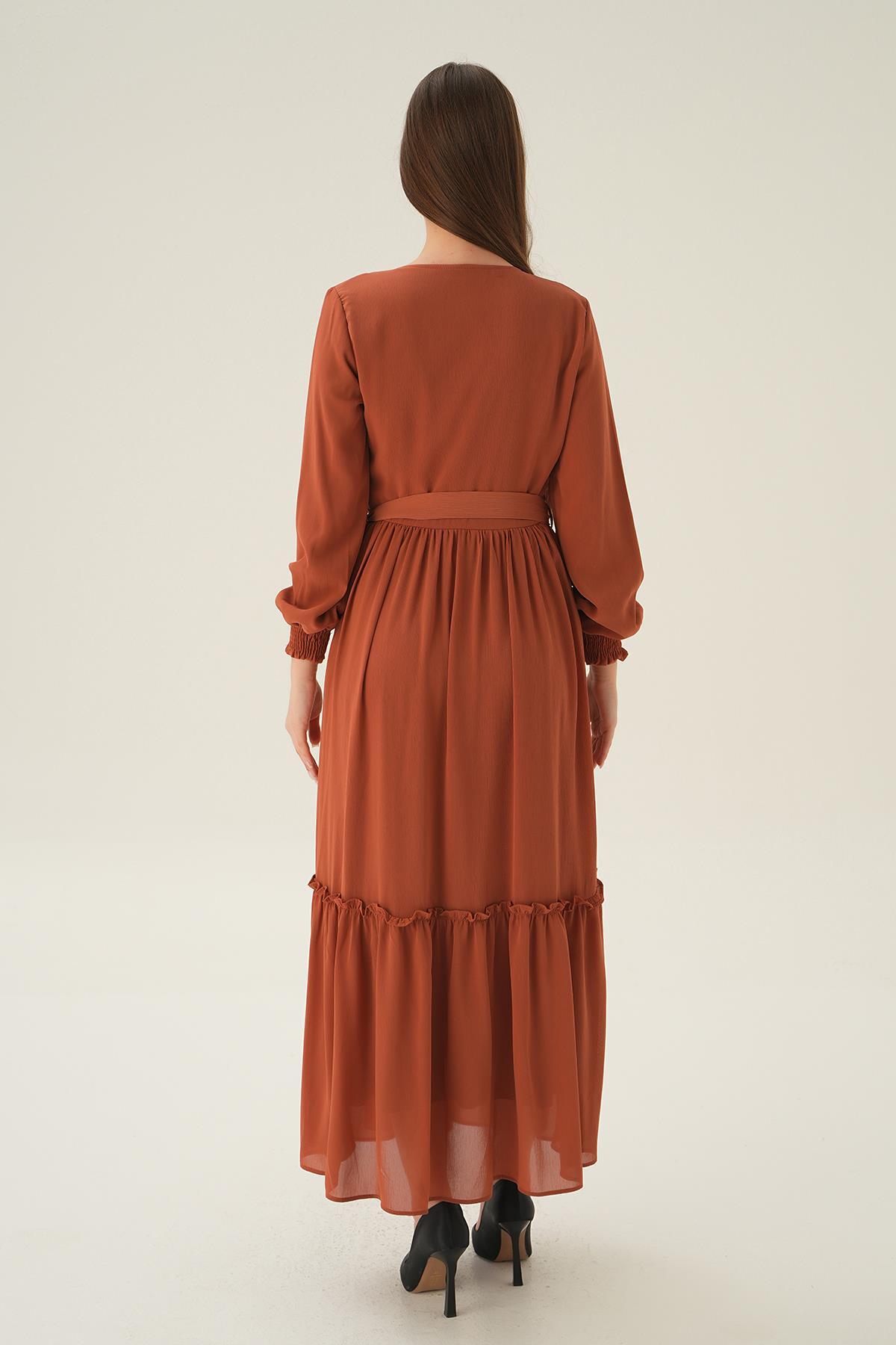 Kiremit Kol Lastik Uzun Elbise 2634 - 4