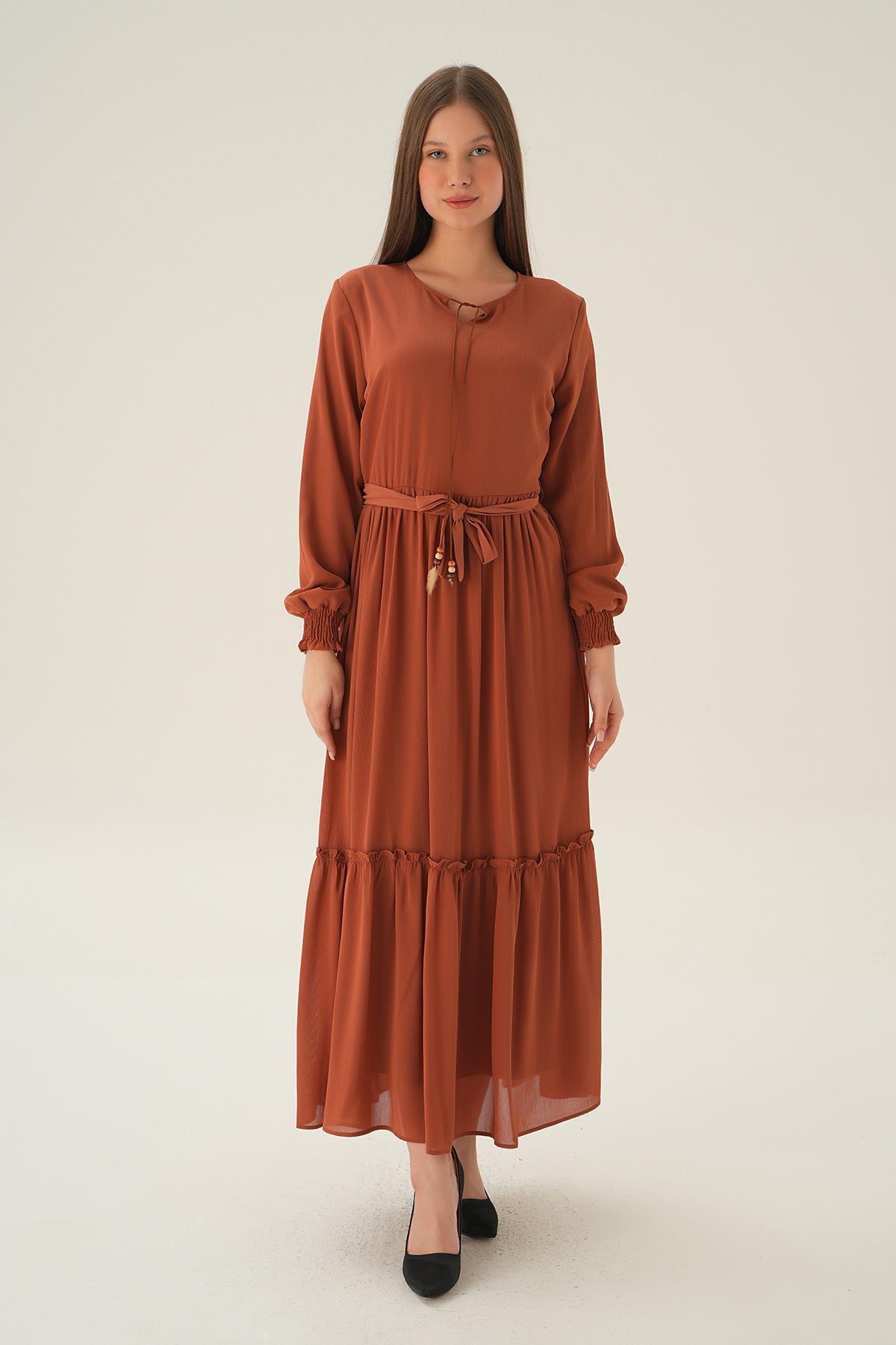 Kiremit Kol Lastik Uzun Elbise 2634 - 6