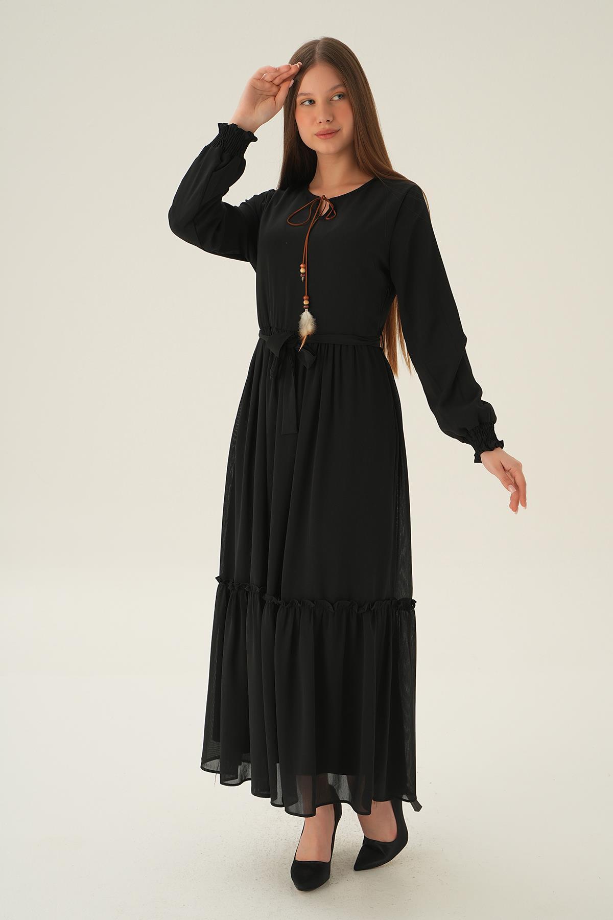 2634 Kol Lastik Uzun Elbise Siyah - 3