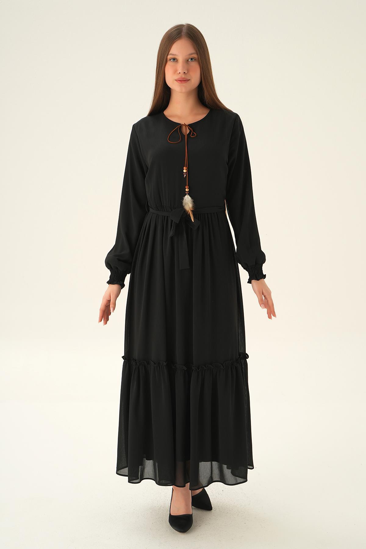 2634 Kol Lastik Uzun Elbise Siyah - 6