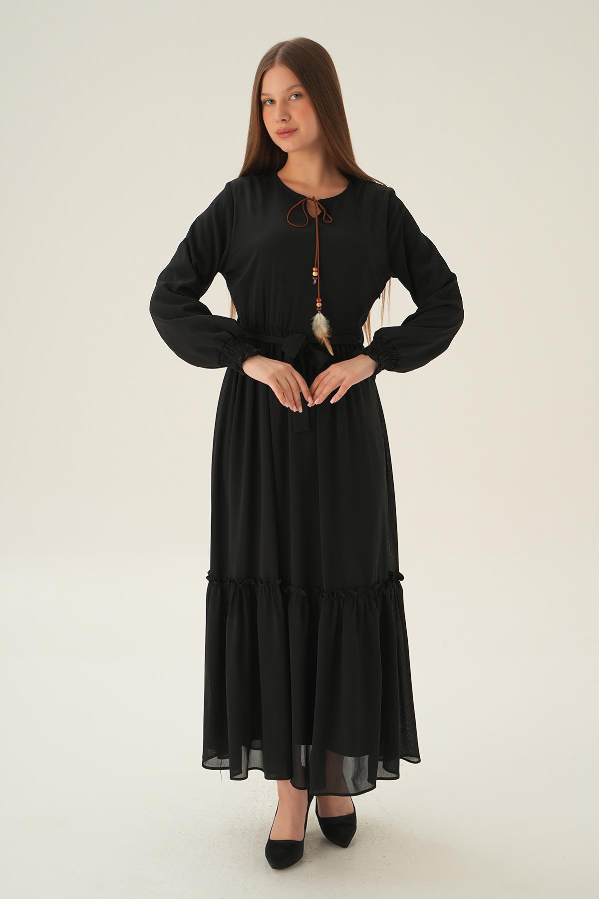 Siyah Kol Lastik Uzun Elbise 2634 - 1