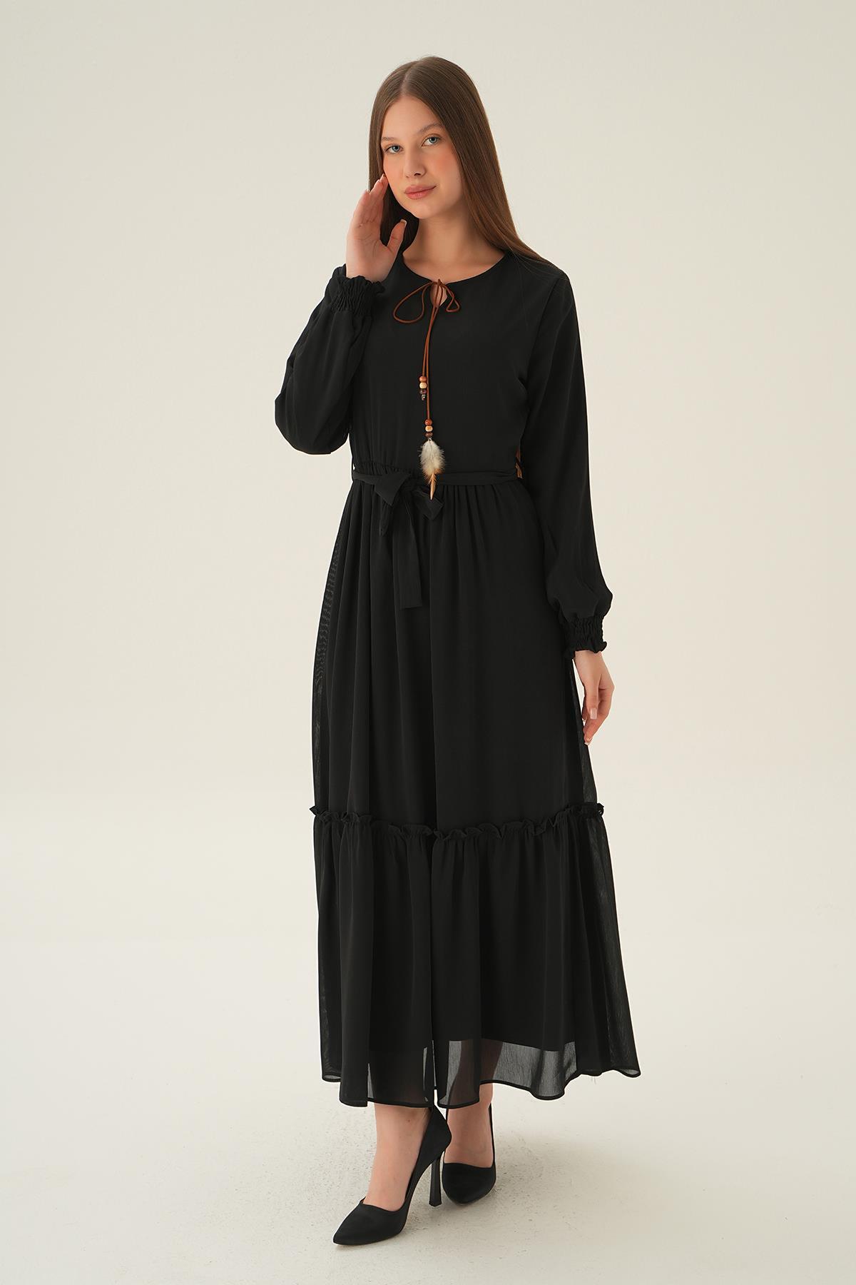 Siyah Kol Lastik Uzun Elbise 2634 - 2