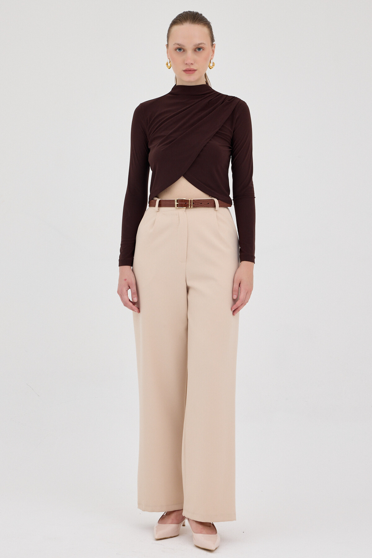 Acı Kahve Drapeli Yüksek Yaka Uzun Kollu Bluz 2379 - 3