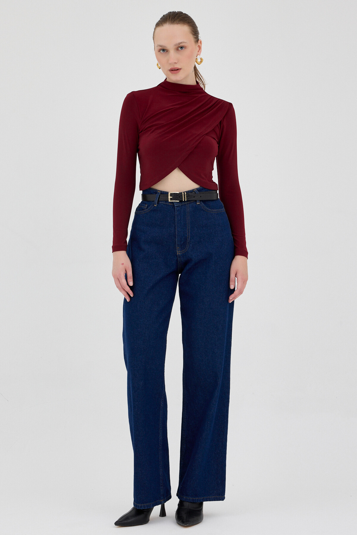 Bordo Drapeli Yüksek Yaka Uzun Kollu Bluz 2379 - RAYS