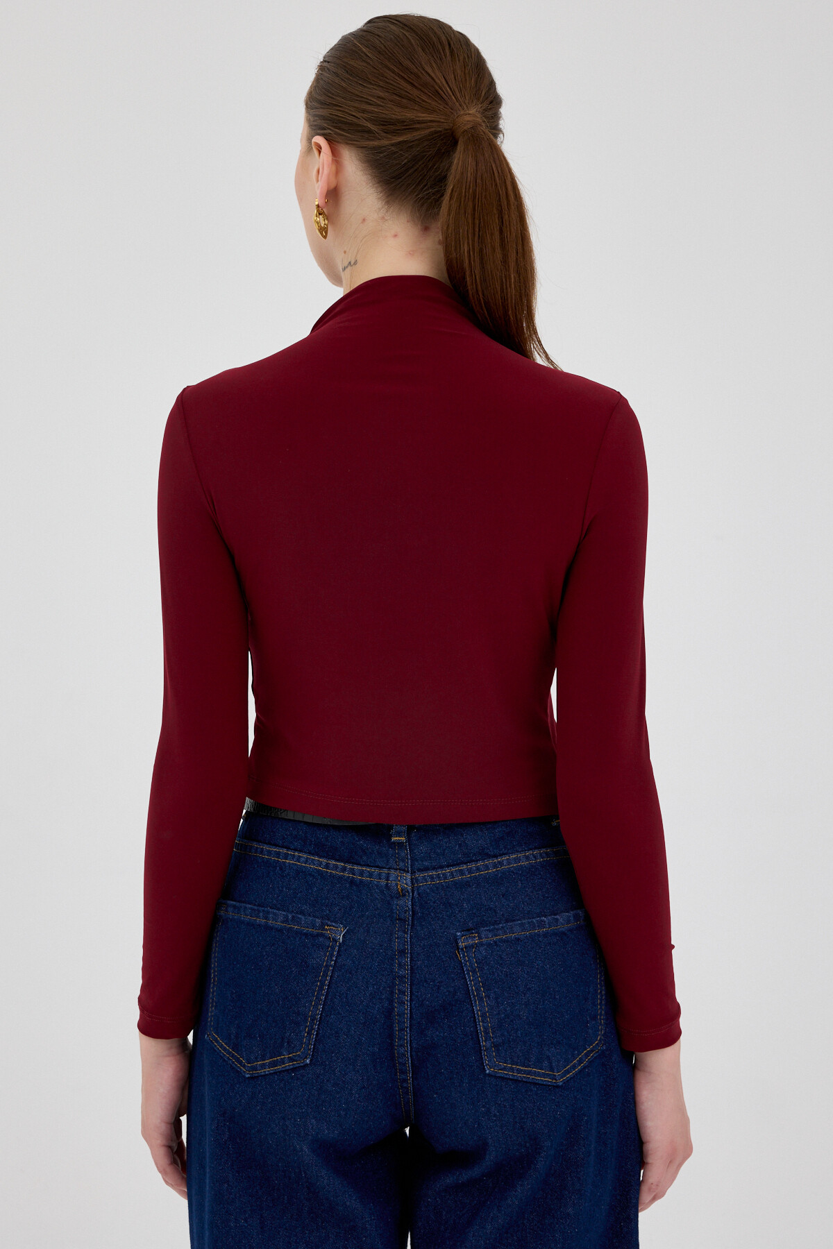 Bordo Drapeli Yüksek Yaka Uzun Kollu Bluz 2379 - 5