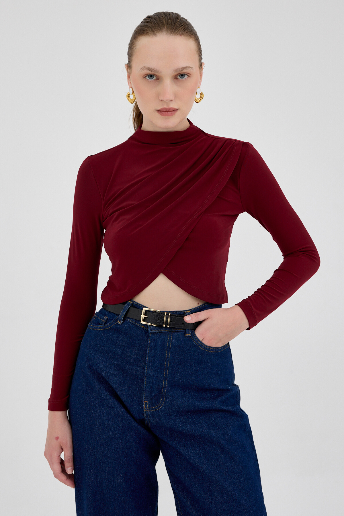 Bordo Drapeli Yüksek Yaka Uzun Kollu Bluz 2379 - 1
