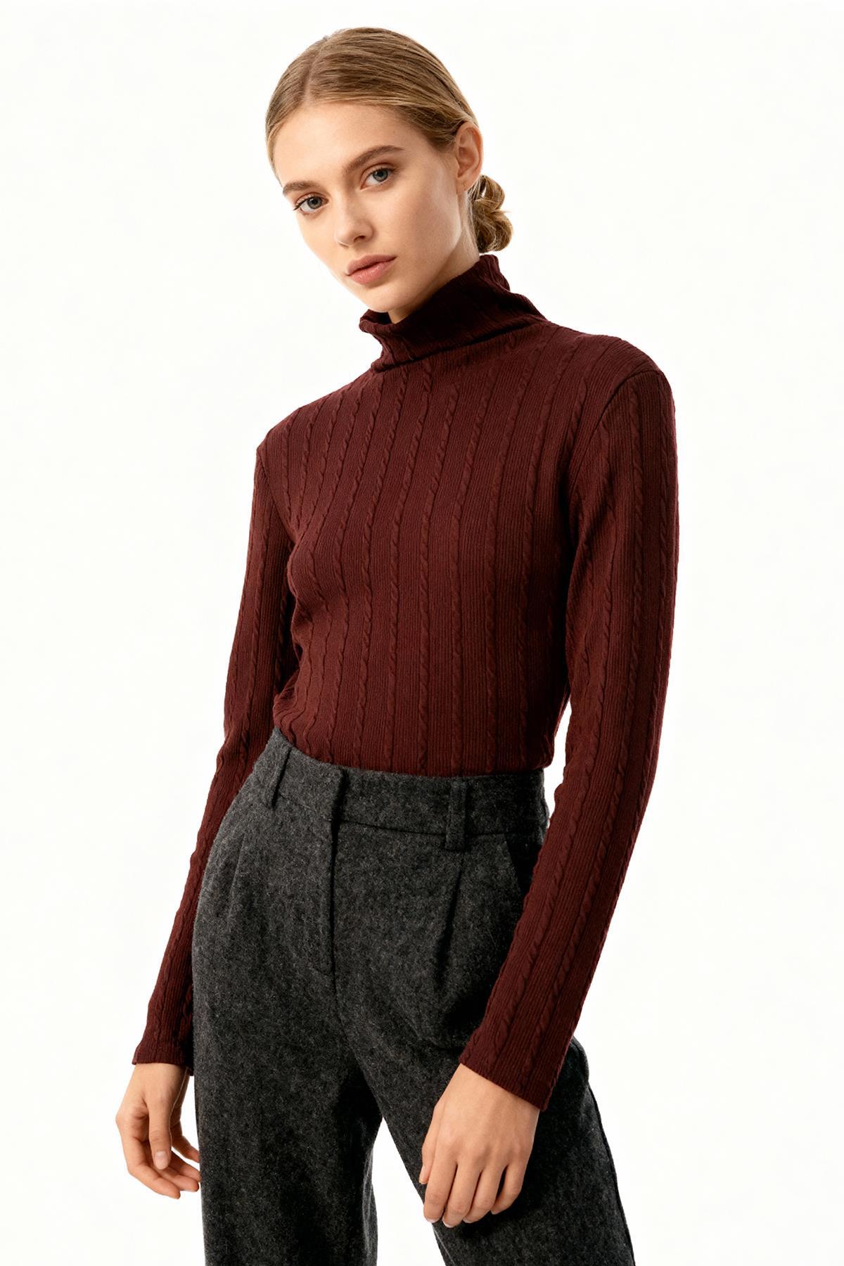 2389 Ajurlu Dik Yaka Bluz Bordo - RAYS