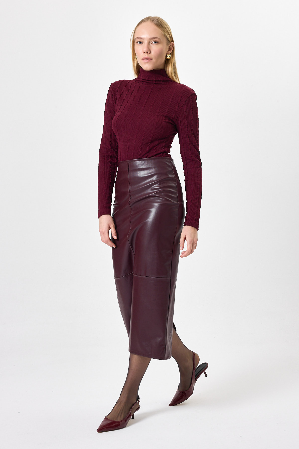 Bordo Ajurlu Örgü Desenli Dik Yaka Kadın Bluz 2289 - RAYS