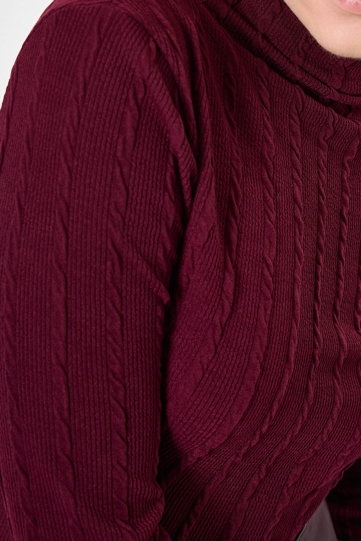 Bordo Ajurlu Örgü Desenli Dik Yaka Kadın Bluz 2289 - RAYS