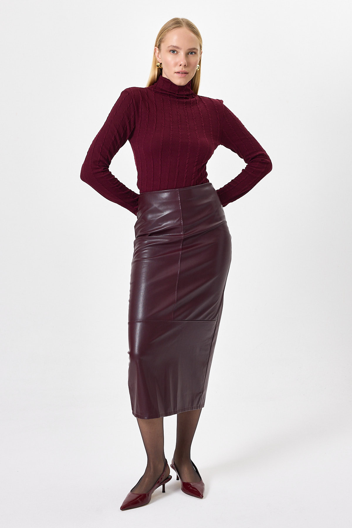 Bordo Ajurlu Örgü Desenli Dik Yaka Kadın Bluz 2289 - 7