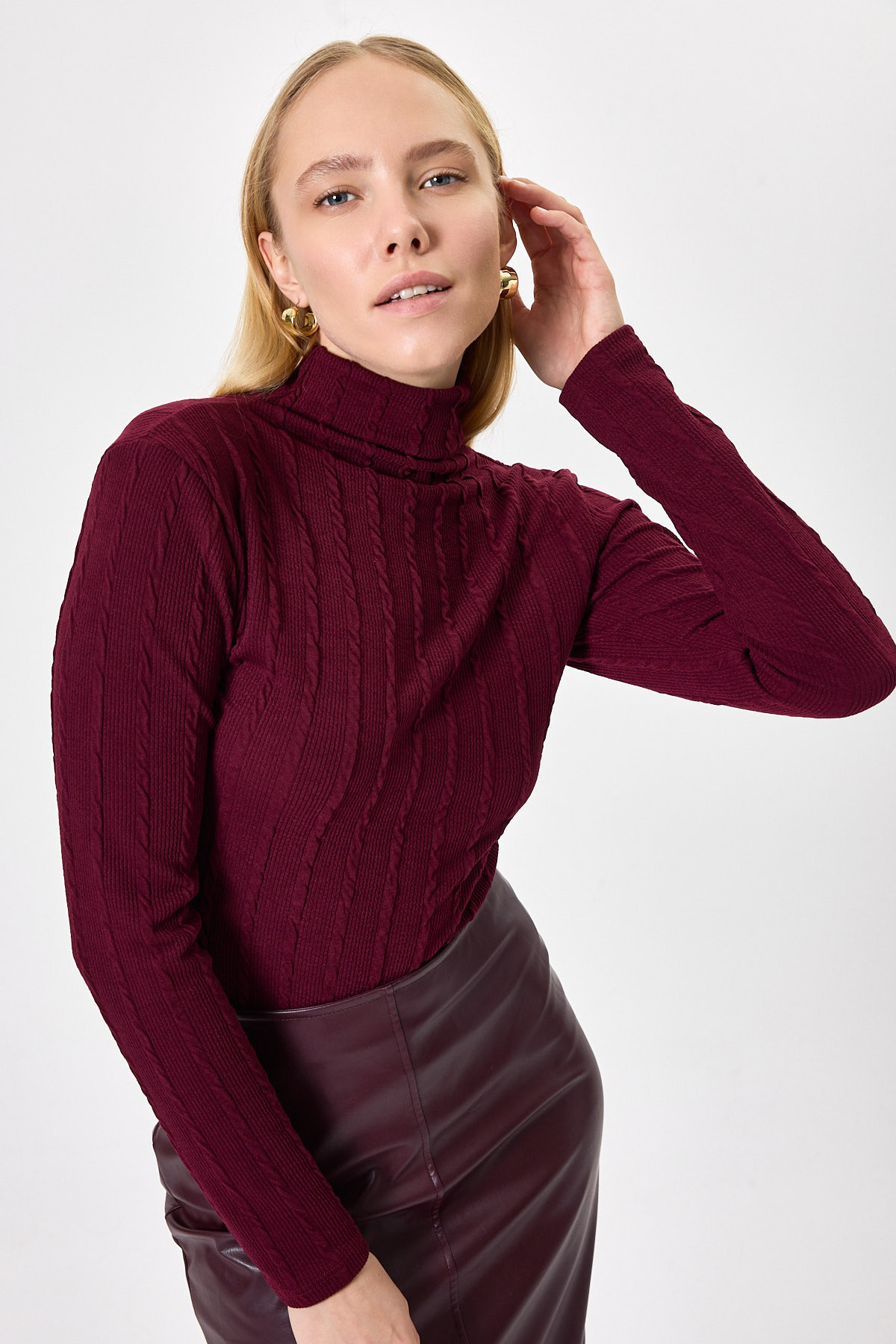 Bordo Ajurlu Örgü Desenli Dik Yaka Kadın Bluz 2289 - 1