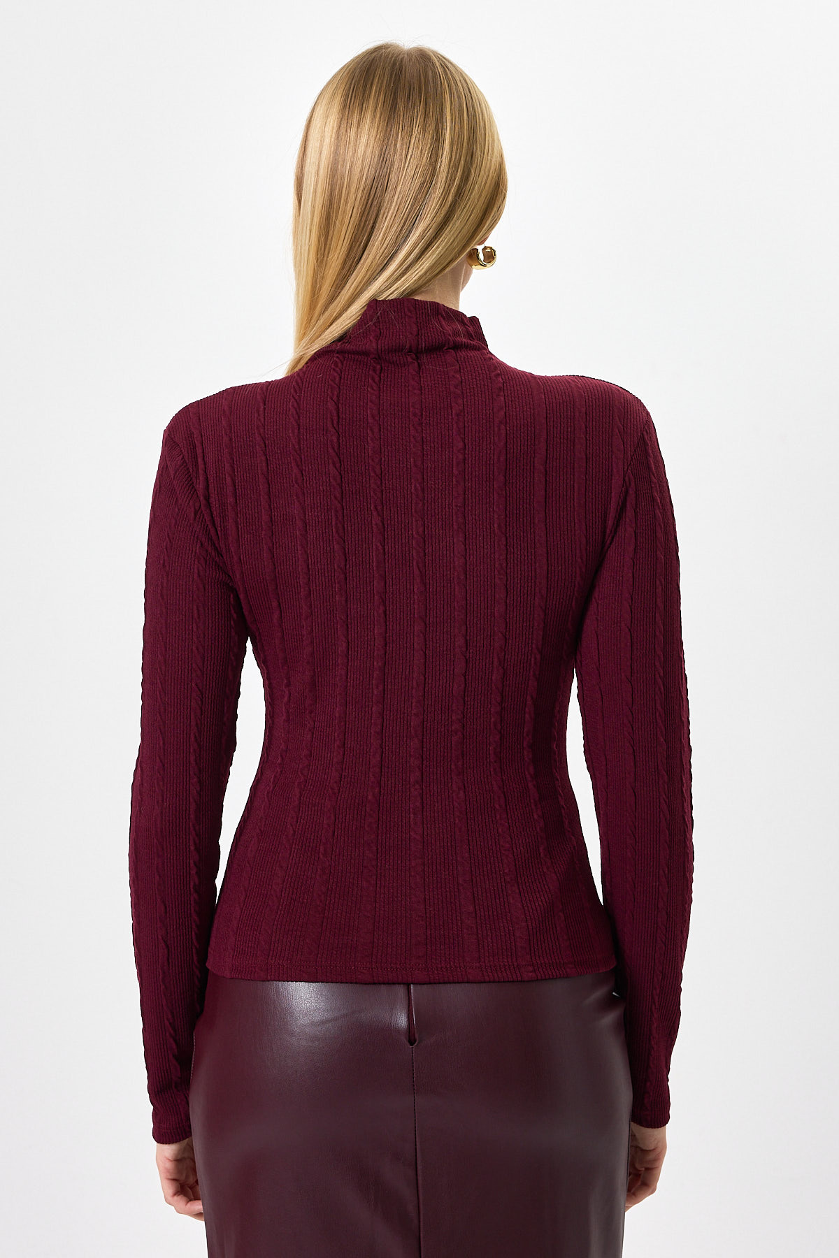 Bordo Ajurlu Örgü Desenli Dik Yaka Kadın Bluz 2289 - 5