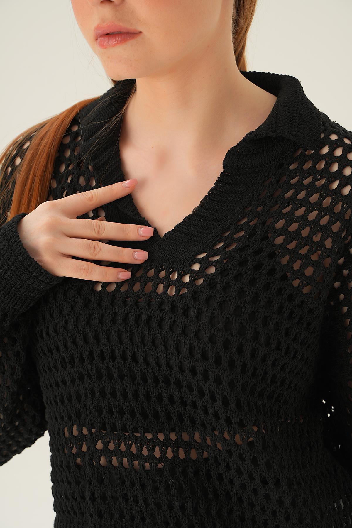 2402 Polo Yaka Ajurlu Bluz Siyah - 4