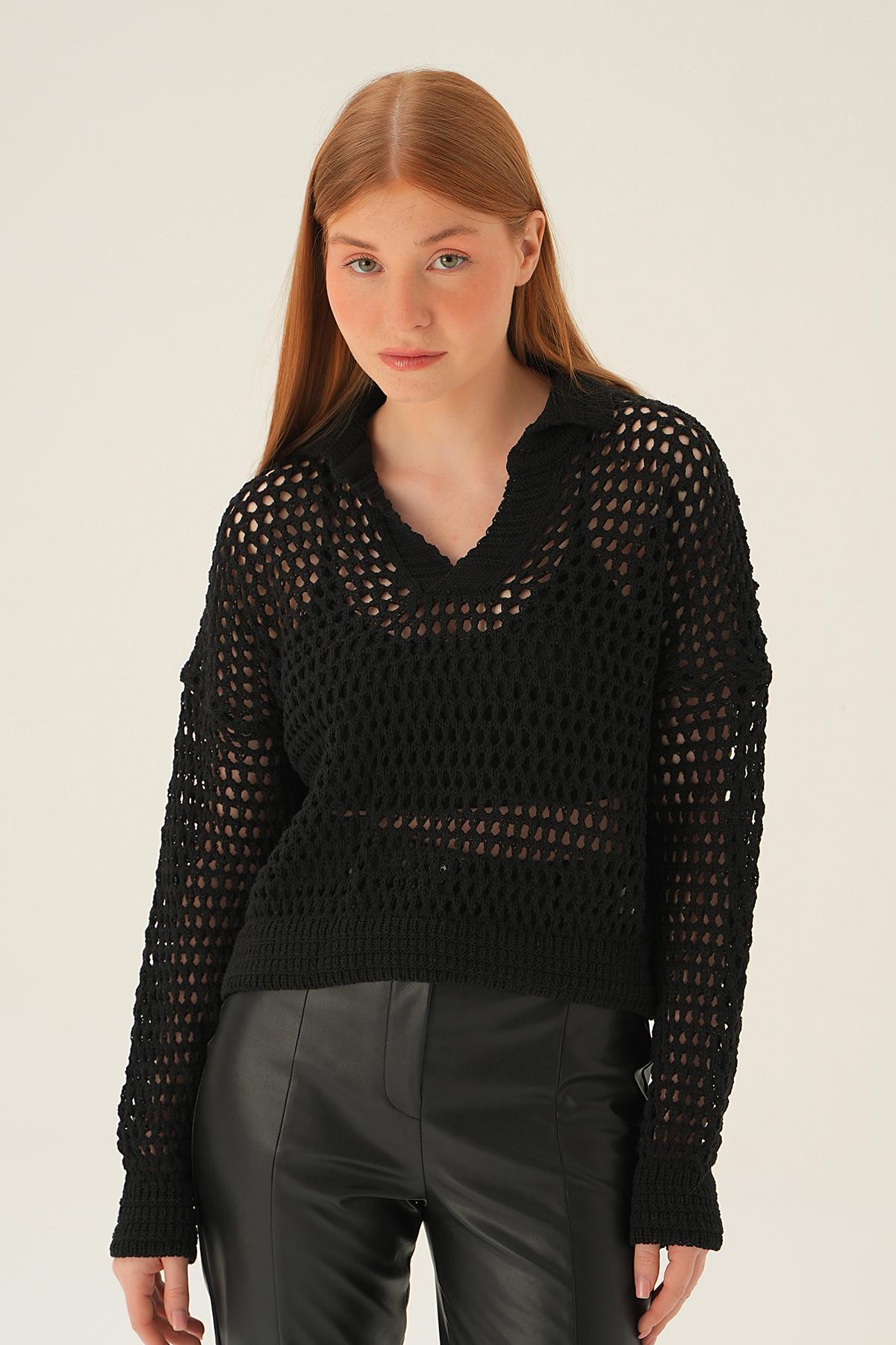 2402 Polo Yaka Ajurlu Bluz Siyah - 5