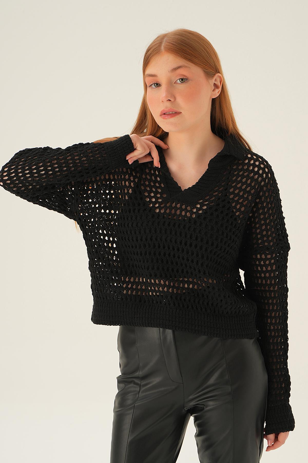 Siyah Polo Yaka Ajurlu Bluz 2402 - 2