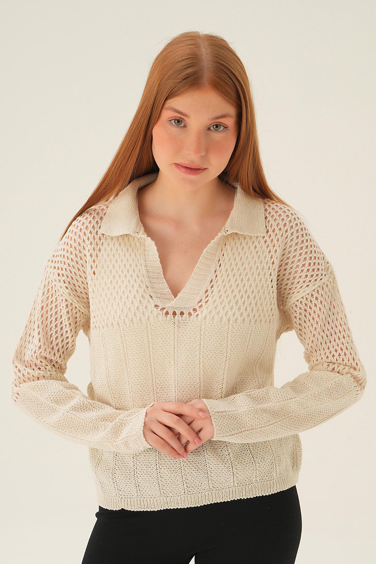 2405 Polo Yaka Ajurlu Bluz Ekru 