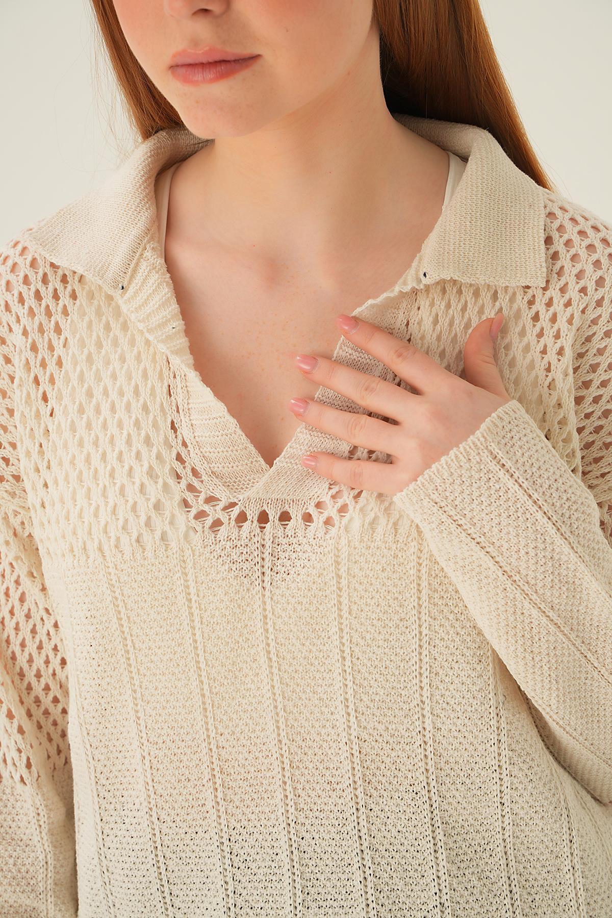 Ekru Polo Yaka Ajurlu Bluz 2405 - 6