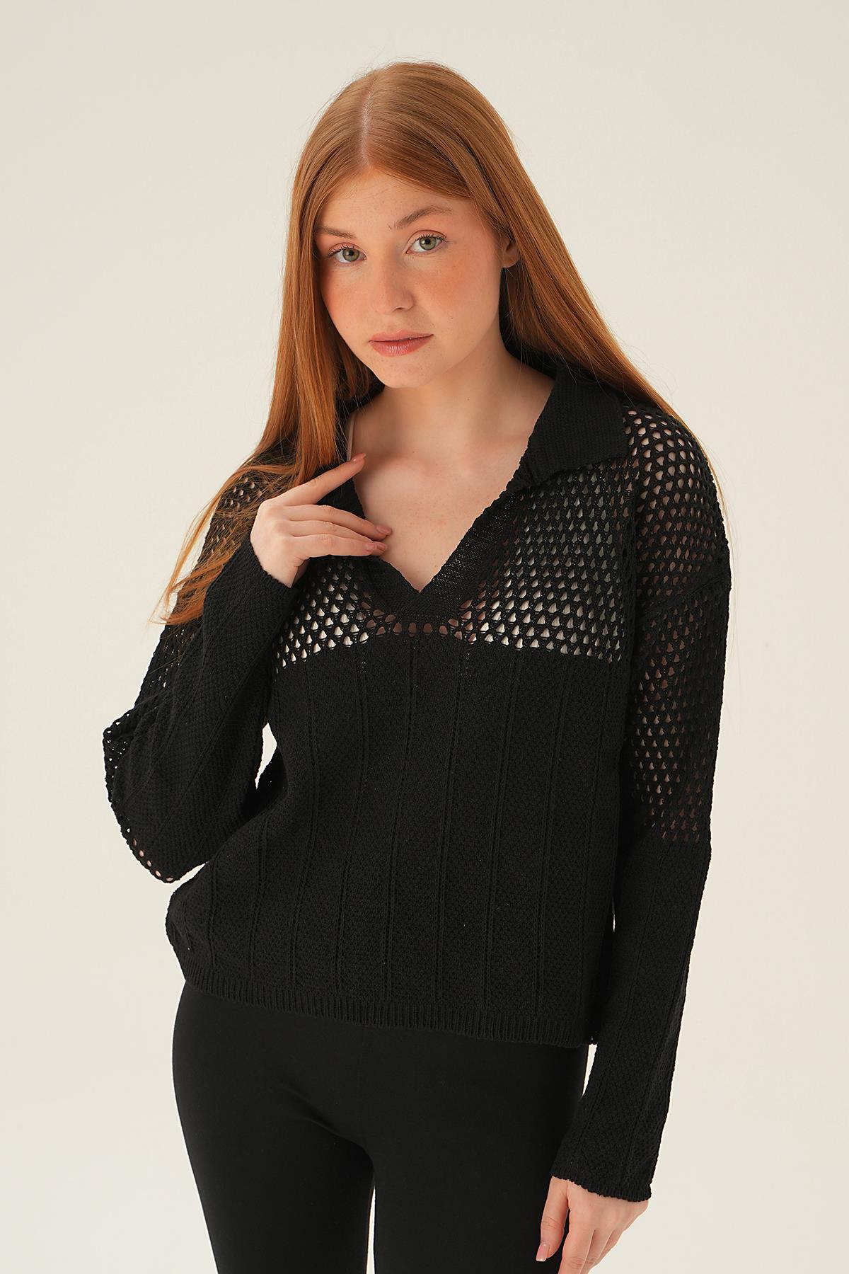 Siyah Polo Yaka Ajurlu Bluz 2405 