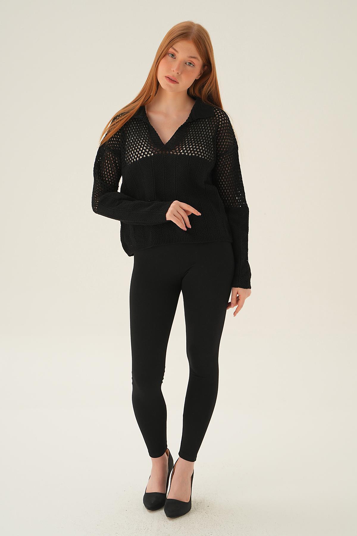 Siyah Polo Yaka Ajurlu Bluz 2405 - 2