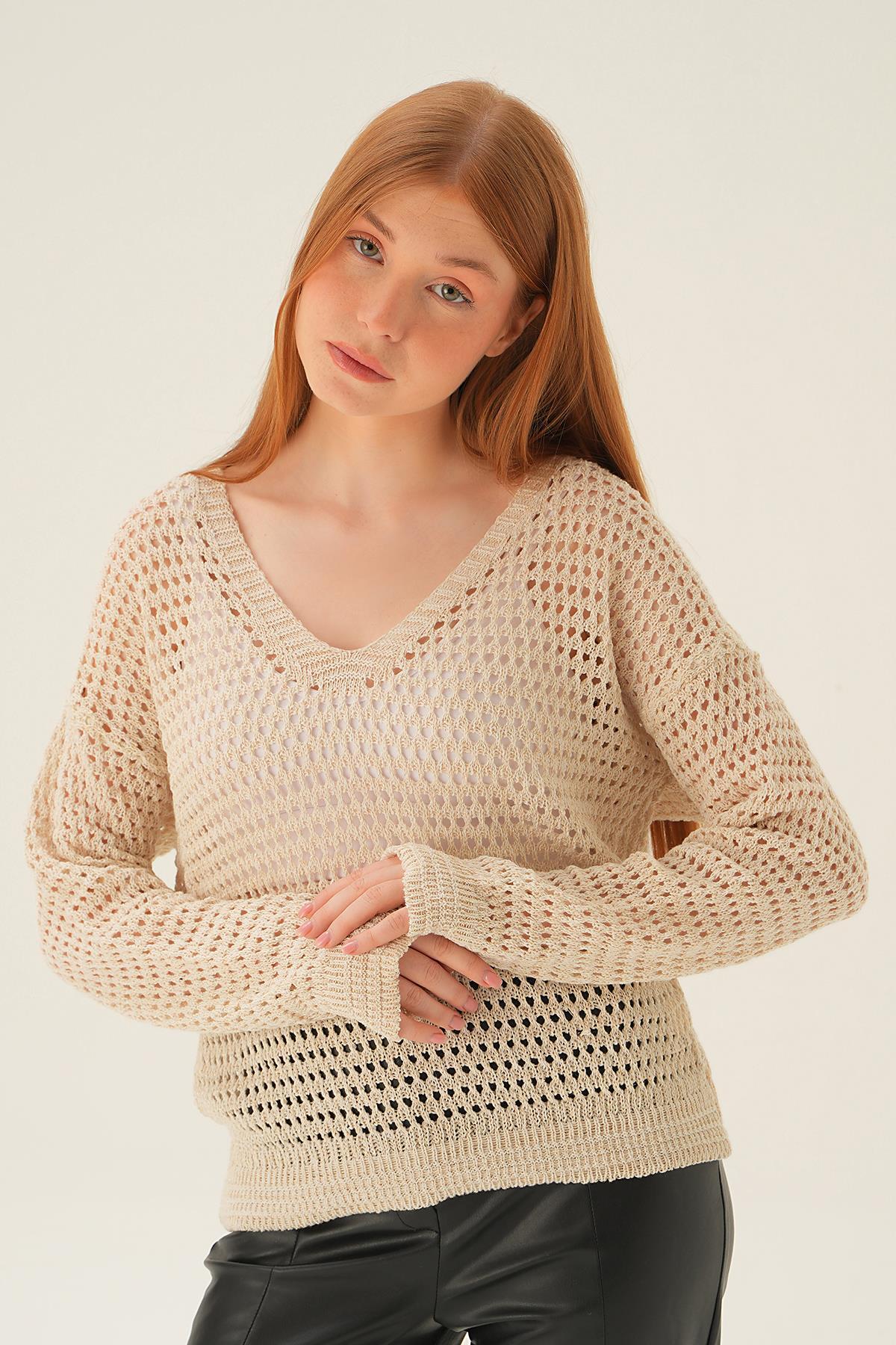 Bej Gold Simli V Yaka Bluz 2406 - 2