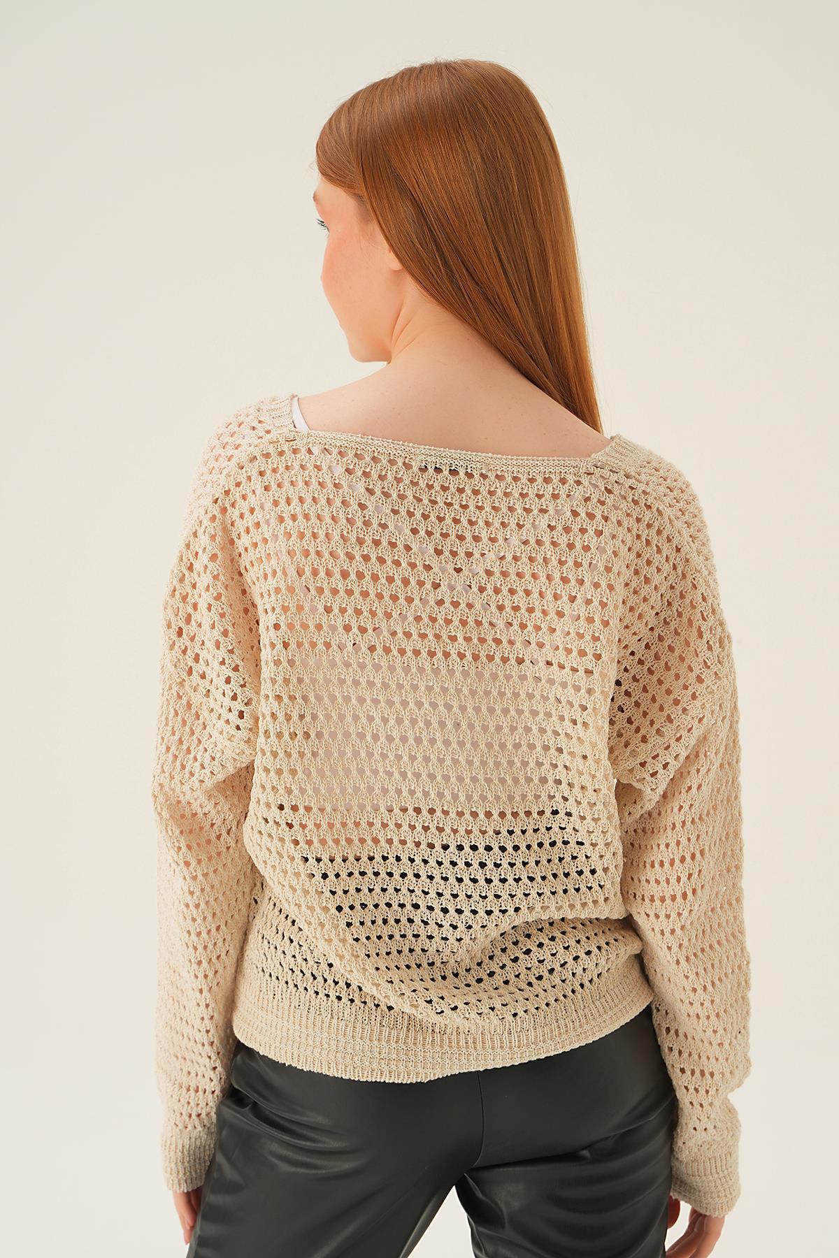 Bej Gold Simli V Yaka Bluz 2406 - 4