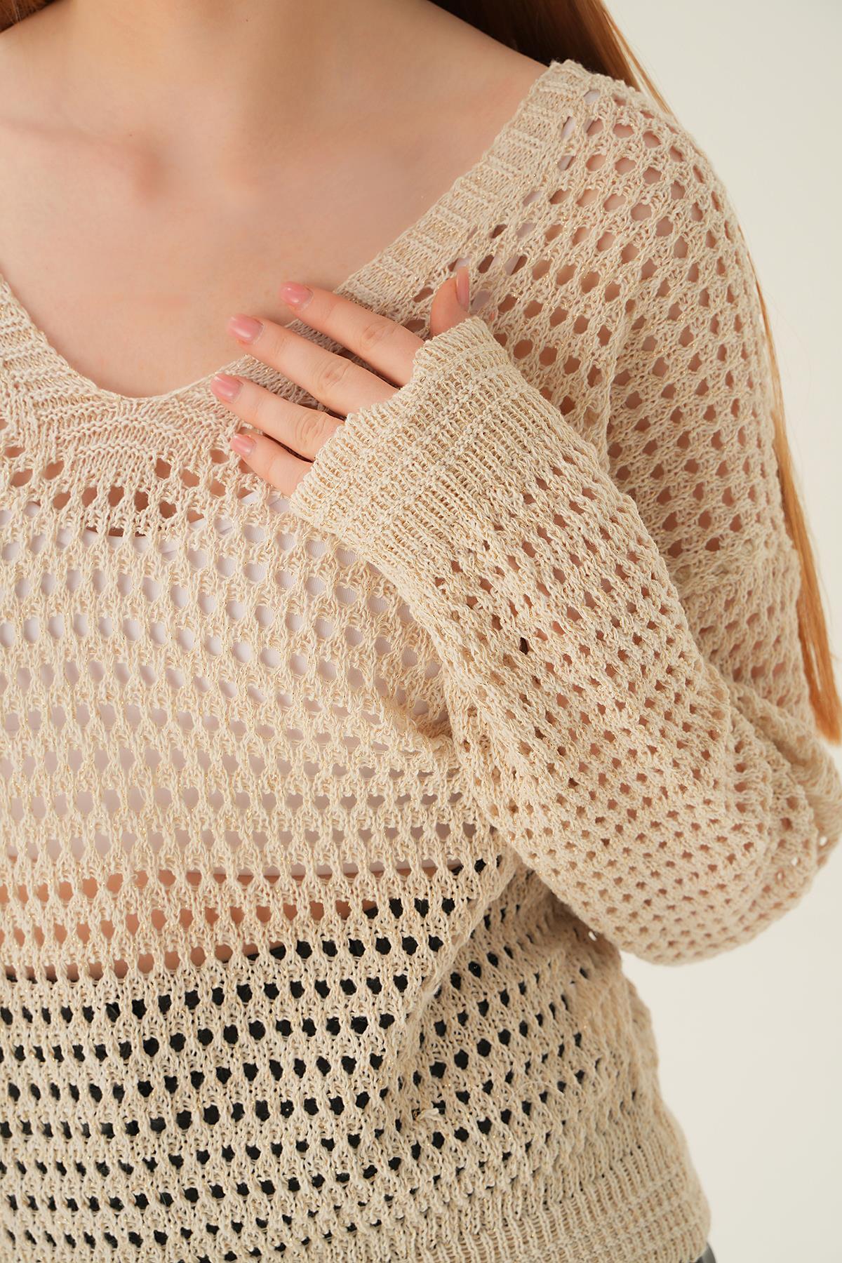 Bej Gold Simli V Yaka Bluz 2406 - 5