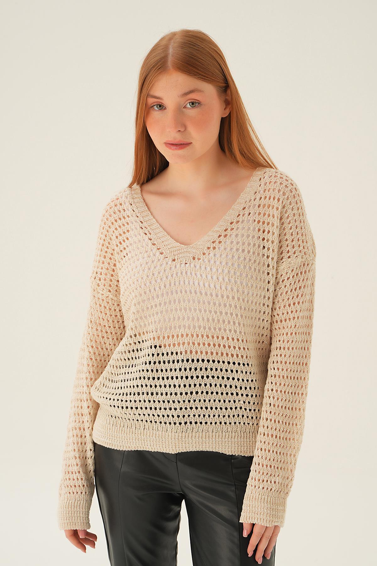 Bej Gold Simli V Yaka Bluz 2406 - 6